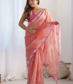 Peach organza embroidered party wear saree