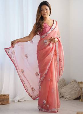 Peach organza embroidered party wear saree 2