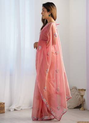 Peach organza embroidered party wear saree 3