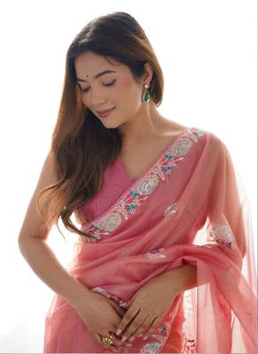 Peach organza embroidered party wear saree 4