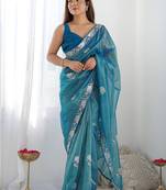 Royal blue organza embroidered party wear saree