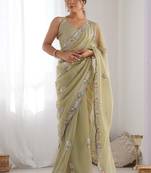 Beige organza embroidered party wear saree
