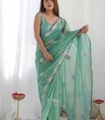 Sea green organza embroidered party wear saree