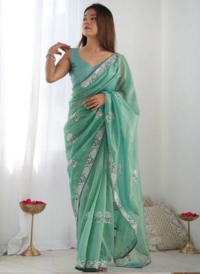 Sea green organza embroidered party wear saree 2