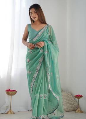 Sea green organza embroidered party wear saree 3