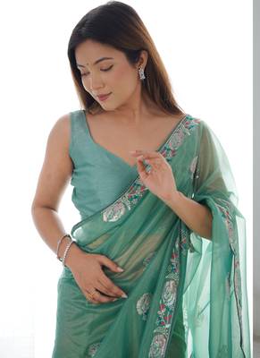 Sea green organza embroidered party wear saree 4