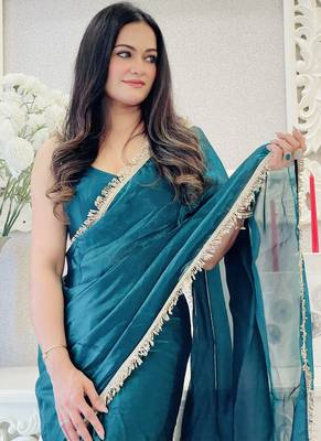 Turquoise designer ready to wear saree 3