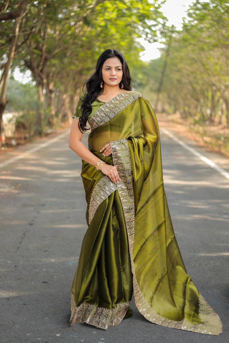  Olive Color Burbury Silk blend Saree