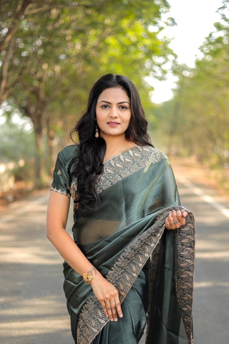 Light Sea Green Color Burbury Silk Blend Saree