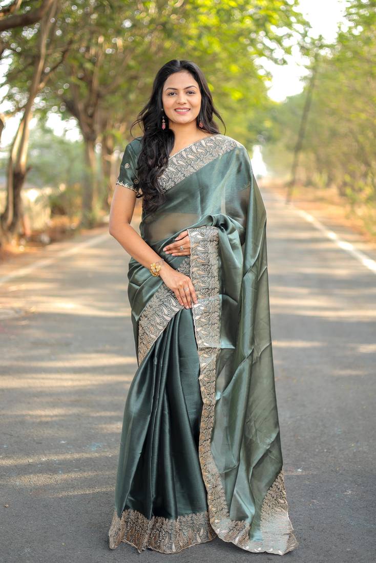 Light Sea Green Color Burbury Silk Blend Saree