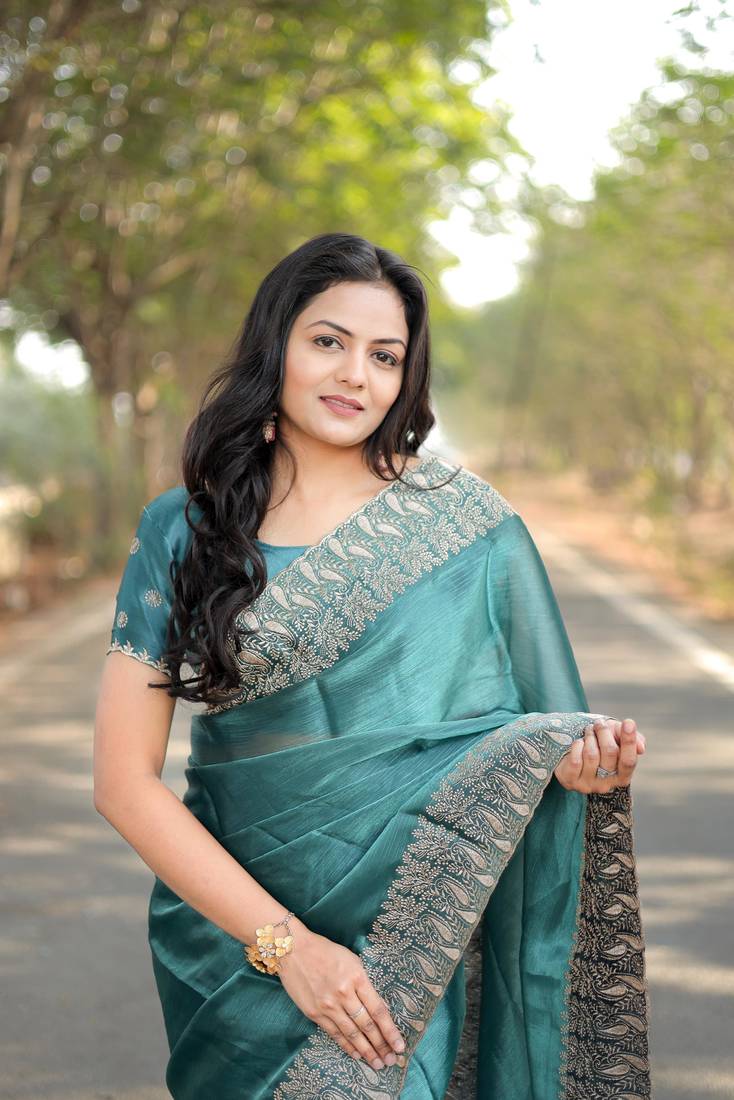 Sky Blue Color Burbury Silk blend Saree
