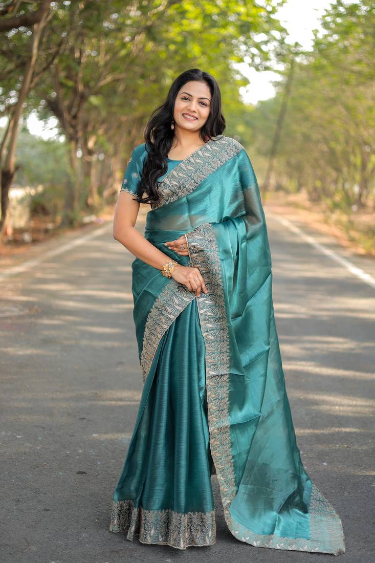 Sky Blue Color Burbury Silk blend Saree