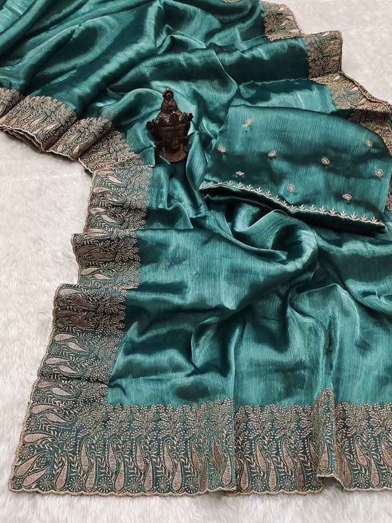 Sky Blue Color Burbury Silk blend Saree