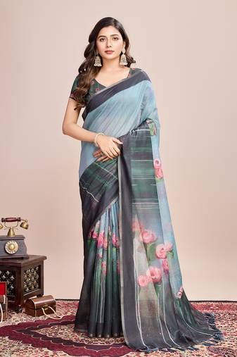 Rama linen printed bollywood saree