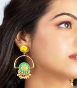 Fuscia and lucite green silk embroidered round earrings