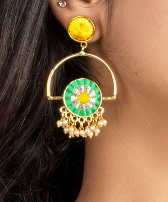 Fuscia and lucite green silk embroidered round earrings 2