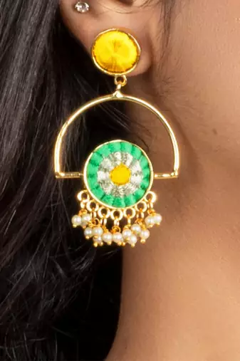 Fuscia and lucite green silk embroidered round earrings