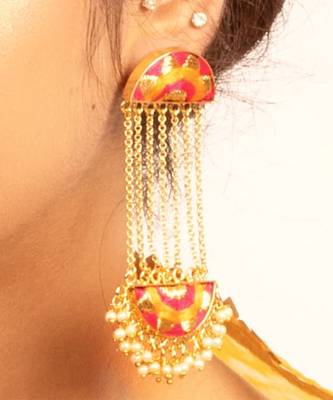 Sunshine blush hot pink & mustard yellow embroidered tassel earrings 2