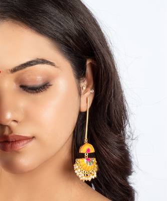 Lush sunshine dangler earrings embroidered in mustard yellow & hot pink silk threads 1
