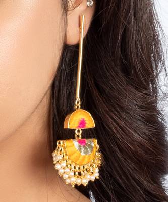 Lush sunshine dangler earrings embroidered in mustard yellow & hot pink silk threads 2