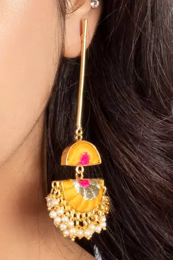 Lush sunshine dangler earrings embroidered in mustard yellow & hot pink silk threads