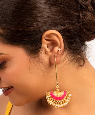 Sunburst charm hot pink &  mustard yellow silk embroidered danglers 1