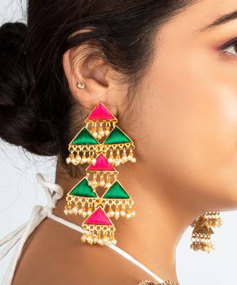 Sage leaf & pink tiny triangle embroidered dangler earrings 1