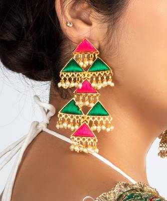 Sage leaf & pink tiny triangle embroidered dangler earrings 2