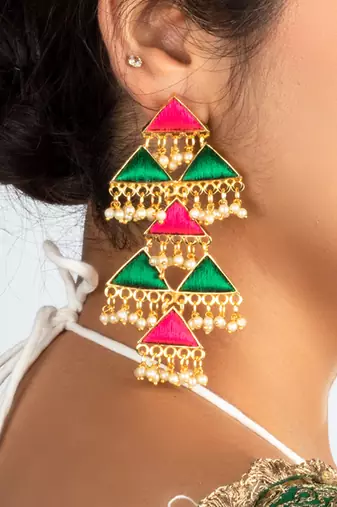 Sage leaf & pink tiny triangle embroidered dangler earrings