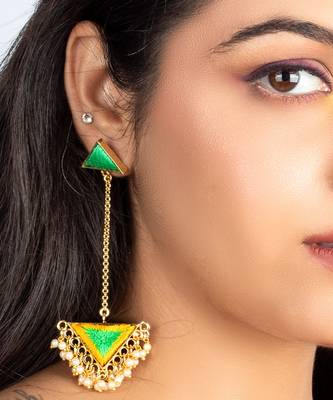 Green whimsy & lemon yellow silk embroidery earrings 1
