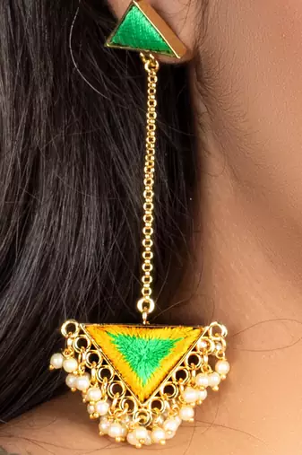Green whimsy & lemon yellow silk embroidery earrings