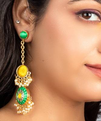 Poppy sage & yellow embroidered round earrings 1