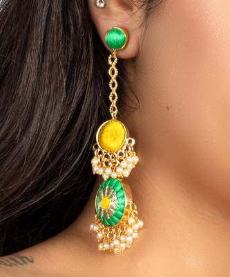 Poppy sage & yellow embroidered round earrings 2