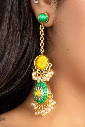 Poppy sage & yellow embroidered round earrings