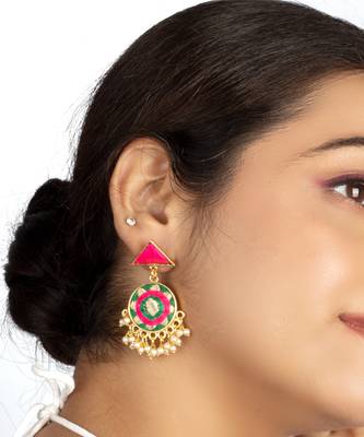 Basil green & mexican pink circular embroidered earrings 1