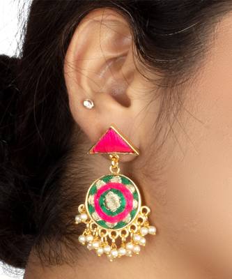 Basil green & mexican pink circular embroidered earrings 2
