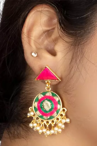 Basil green & mexican pink circular embroidered earrings