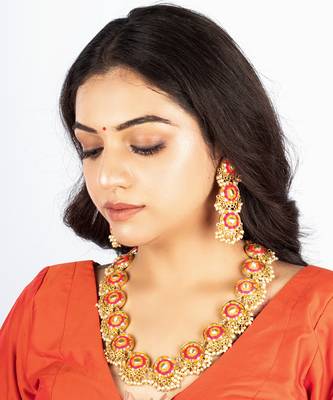 Marigold garden mustard yellow & lotus pink hand-crafted necklace set 1