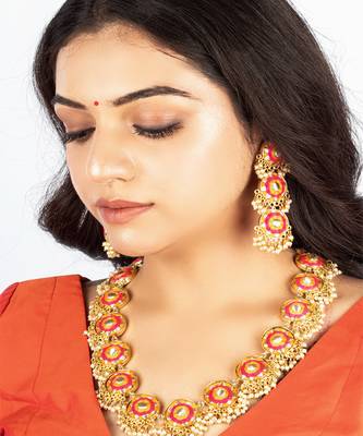 Marigold garden mustard yellow & lotus pink hand-crafted necklace set 2