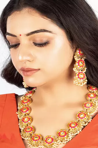 Marigold garden mustard yellow & lotus pink hand-crafted necklace set