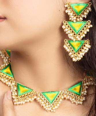 Zenith green & poppy yellow embroidered necklace set for haldi 2