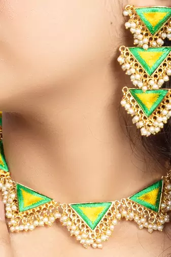Zenith green & poppy yellow embroidered necklace set for haldi
