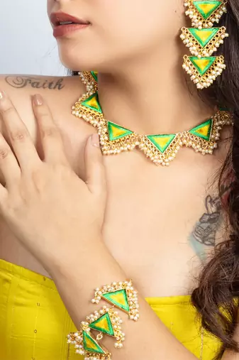Zenith green & poppy yellow embroidered necklace set for haldi
