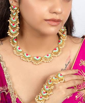 Mint petal & lotus pink embroidered haldi necklace set 2