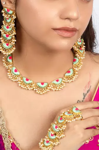 Mint petal & lotus pink embroidered haldi necklace set