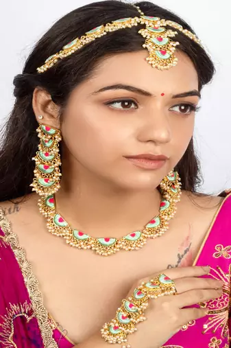 Mint petal & lotus pink embroidered haldi necklace set