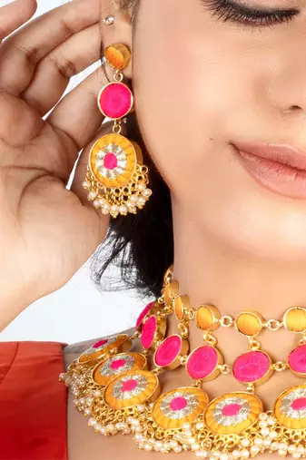 Mustard bloom silk thread embroidered necklace set