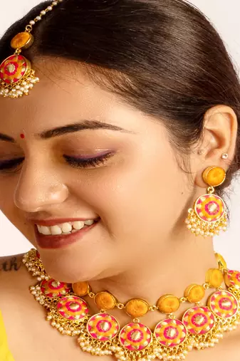 Sunset bloom silk embrodiered necklace set for haldi