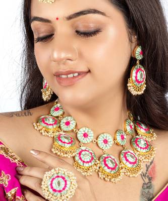 Arctic blossom gold finished embroidered necklace set for pre-bridal occasions 1