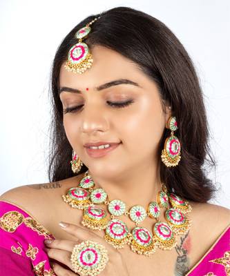 Arctic blossom gold finished embroidered necklace set for pre-bridal occasions 2